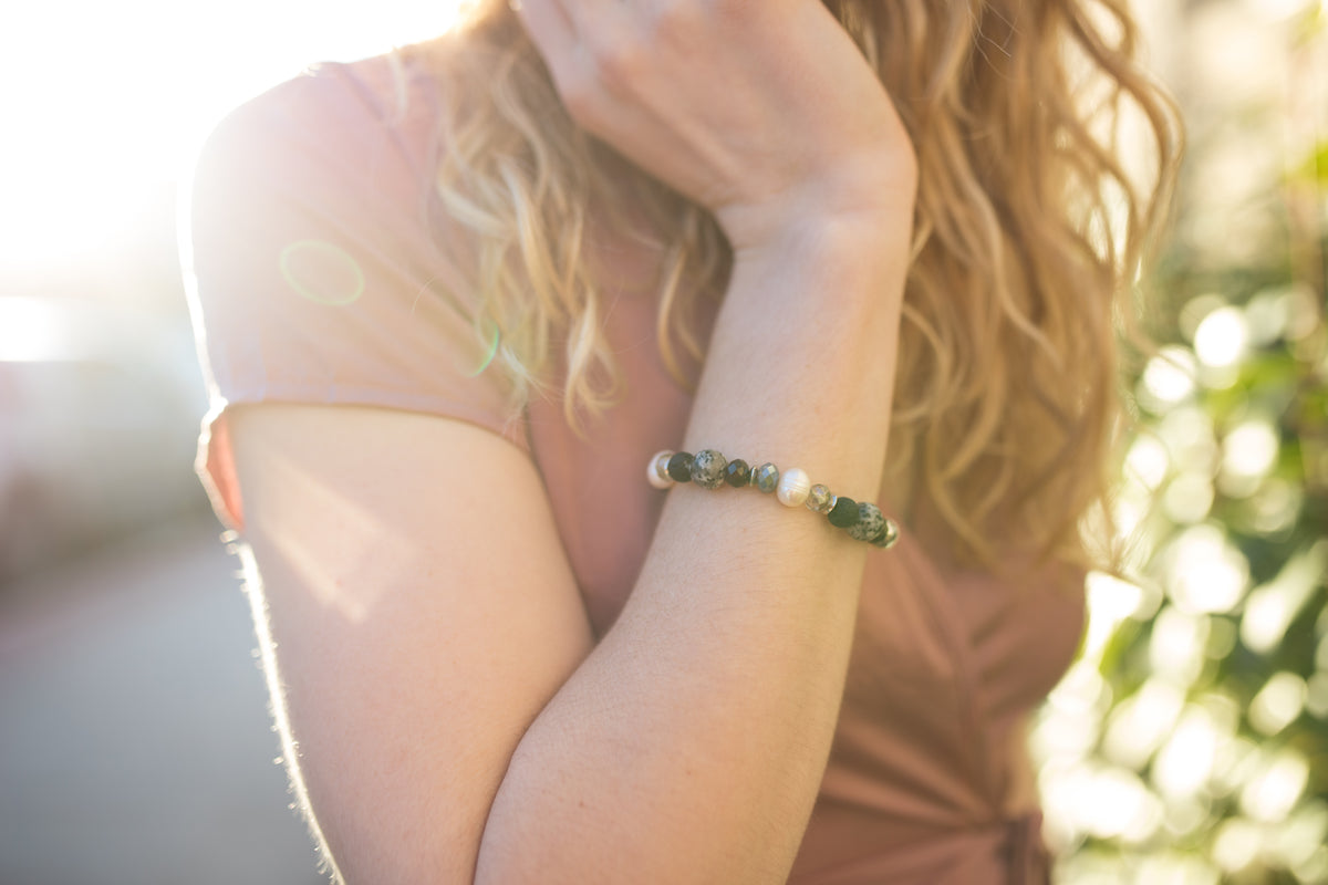 Classic Black & White Lava Stone Stretchy Bracelet