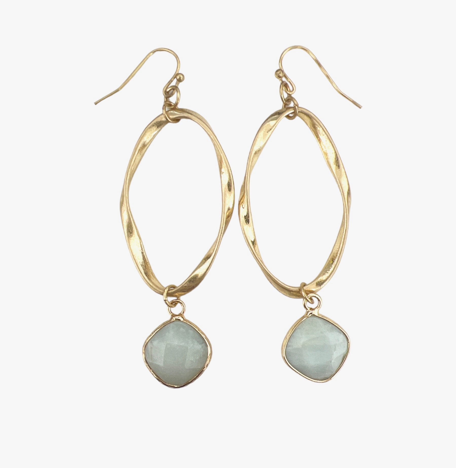 Twisted Gold Oval with Light Blue Stone Drop Earrings