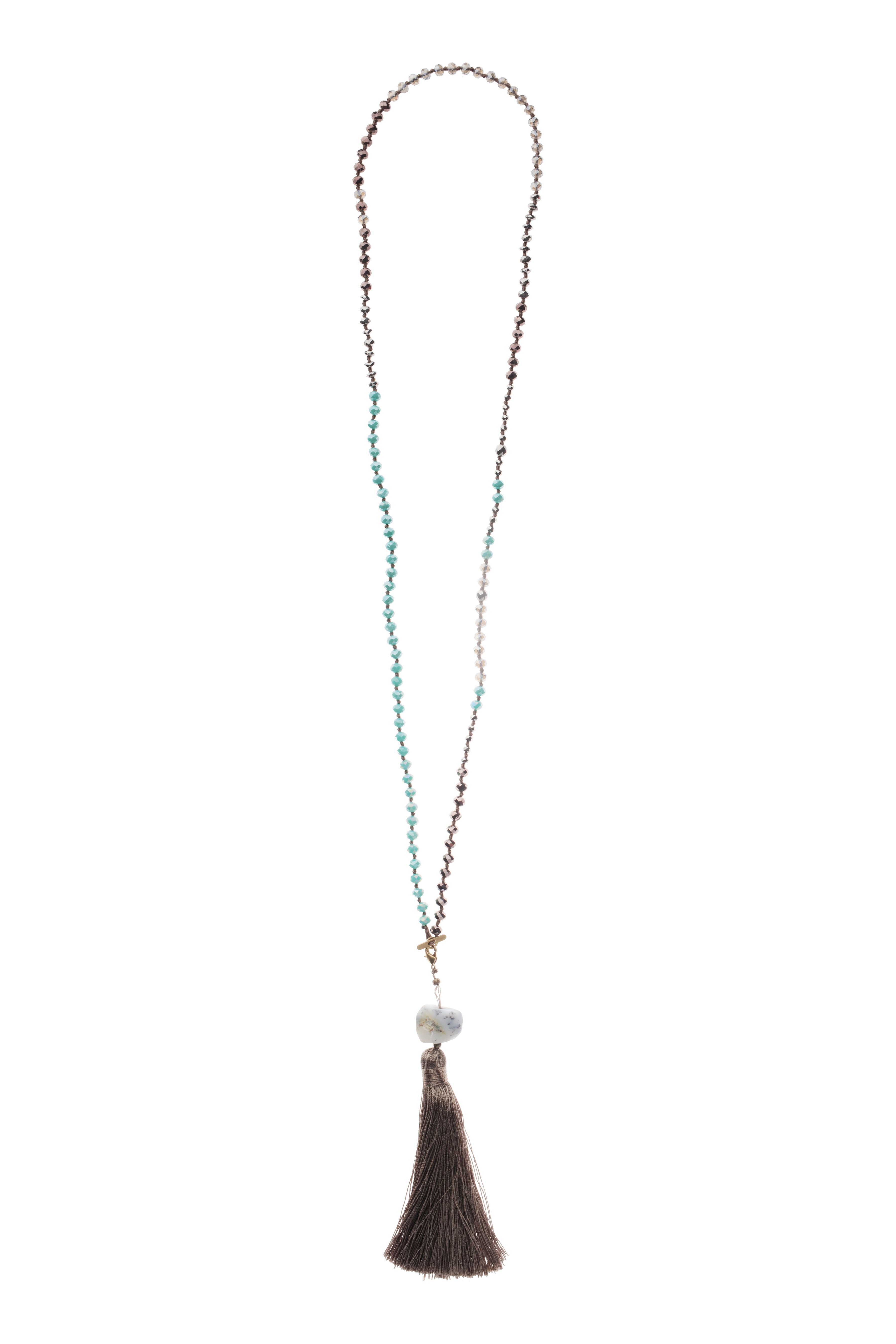 Hand-Knotted Crystal Necklace with Stone + Tassel