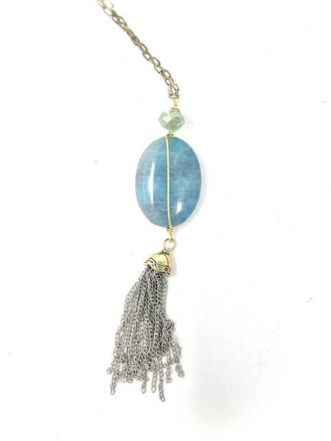 BLUE AGATE - Wire Wrapped Stone + Tassel Necklace