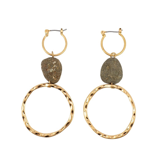 2 Gold Hoops with Hematite Stone
