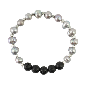 Silver Tinted Pearls + 6 Black Lava Beads